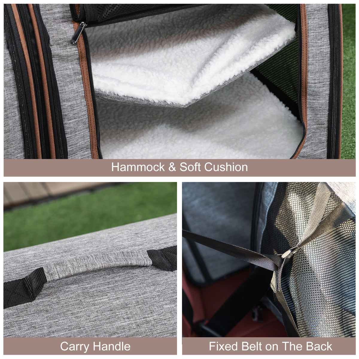 Portable Soft-Sided Pet Cat Carrier with Divider, Two Compartments, Padded and Storage Bag, Grey